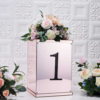 Mirrored floral arrangement stand with number one, surrounded by flowers.