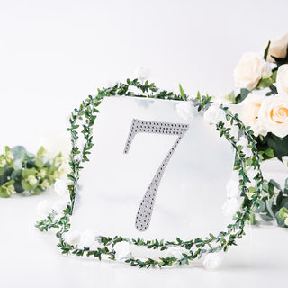 Decorative table number 7 with rhinestones and floral accents