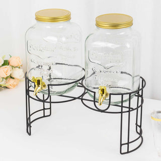 Clear Glass Dual Gallon Jars Dispenser With Gold Metal Lids