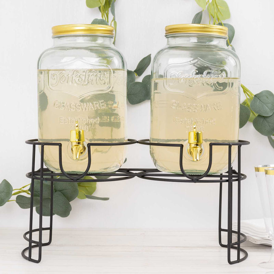 2 Pack Clear Dual Gallon Glass Jars Dispenser With Gold Metal Lids, Juice Beverage Stand With Spigot