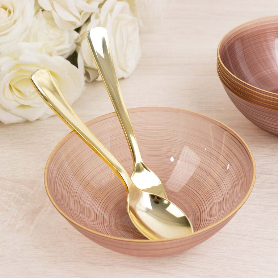 20-Pack 16oz Plastic Bowls – Translucent Dusty Rose with Gold Rim, Elegant Crystal-Like Swirl Heavy
