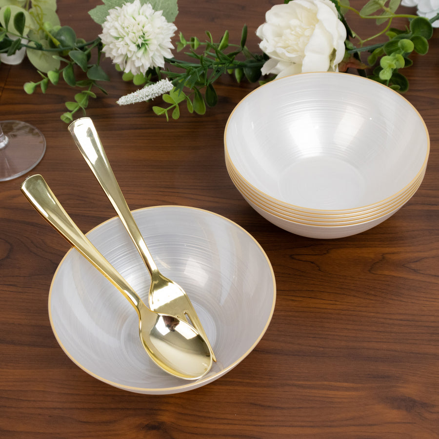 20-Pack 16oz Plastic Bowls – Translucent Pearl White with Gold Rim, Elegant Crystal-Like Swirl Heavy