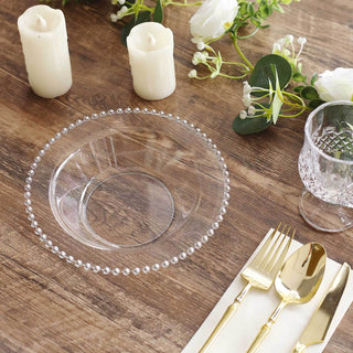 Elegant Clear Round Plastic Dessert Bowls with Silver Beaded Rim Elegant Clear Round Plastic Dessert Bowls with Silver Beaded Rim