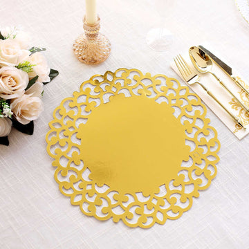 6 Pack Metallic Gold Laser Cut Disposable Dining Table Mats with Floral Rim, 13" Round Cardboard Placemats - 400GSM