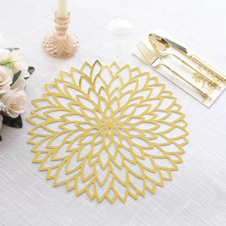 Elegant Metallic Gold Laser Cut Hibiscus Flower Round Placemats Elegant Metallic Gold Laser Cut Hibiscus Flower Round Placemats