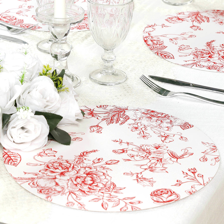10-Pack Disposable Table Placemats in French Toile Print 13inch Matte White/Red