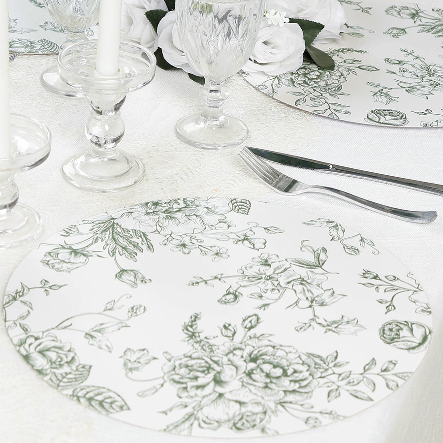 10-Pack Disposable Table Placemats in French Toile Print 13inch Matte White/Sage Green