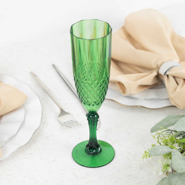 6 Pack 8oz Hunter Emerald Green Crystal Cut Reusable Plastic Wedding Flute Glasses, Shatterproof Champagne Toast Glasses