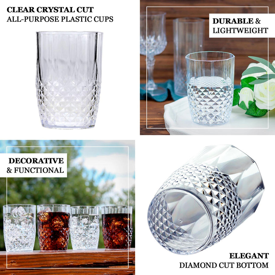 6 Pack | 16oz Clear Crystal Cut Short Reusable Plastic Tumbler Glasses