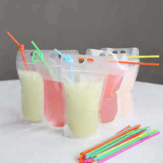 Translucent Stand-Up Plastic Smoothie Drink Bags with Straws - Convenient and Stylish Event Decor Translucent Stand-Up Plastic Smoothie Drink Bags with Straws - Convenient and Stylish Event Decor