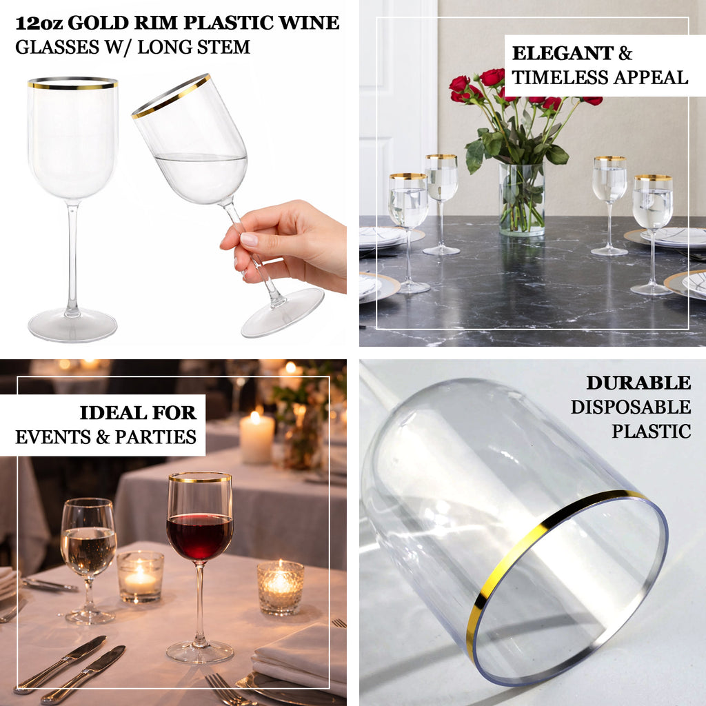 12-Pack 12oz Clear Plastic Wine Goblets with Gold Rim, Premium Disposable  Long Stem Glassware