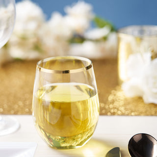 Elevate Your Event with Clear 12oz Gold Rim Plastic Stemless Wine Glasses Elevate Your Event with Clear 12oz Gold Rim Plastic Stemless Wine Glasses