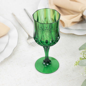 6 Pack 8oz Hunter Emerald Green Crystal Cut Reusable Plastic Cocktail Goblets, Shatterproof Wine Glasses
