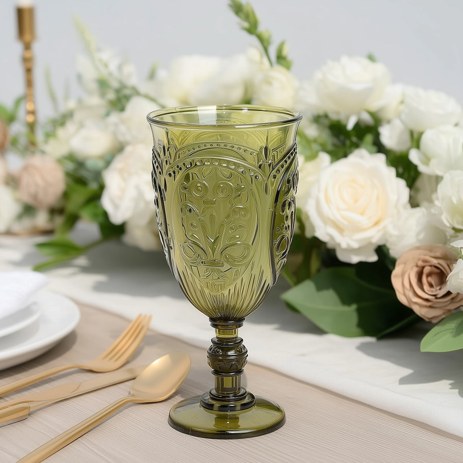 24-Pack Plastic Wine Glasses 10oz – Transparent Dusty Sage Green Vintage Goblets with Retro Embossed