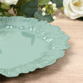 Green decorative plate with textured edge on a wooden surface.