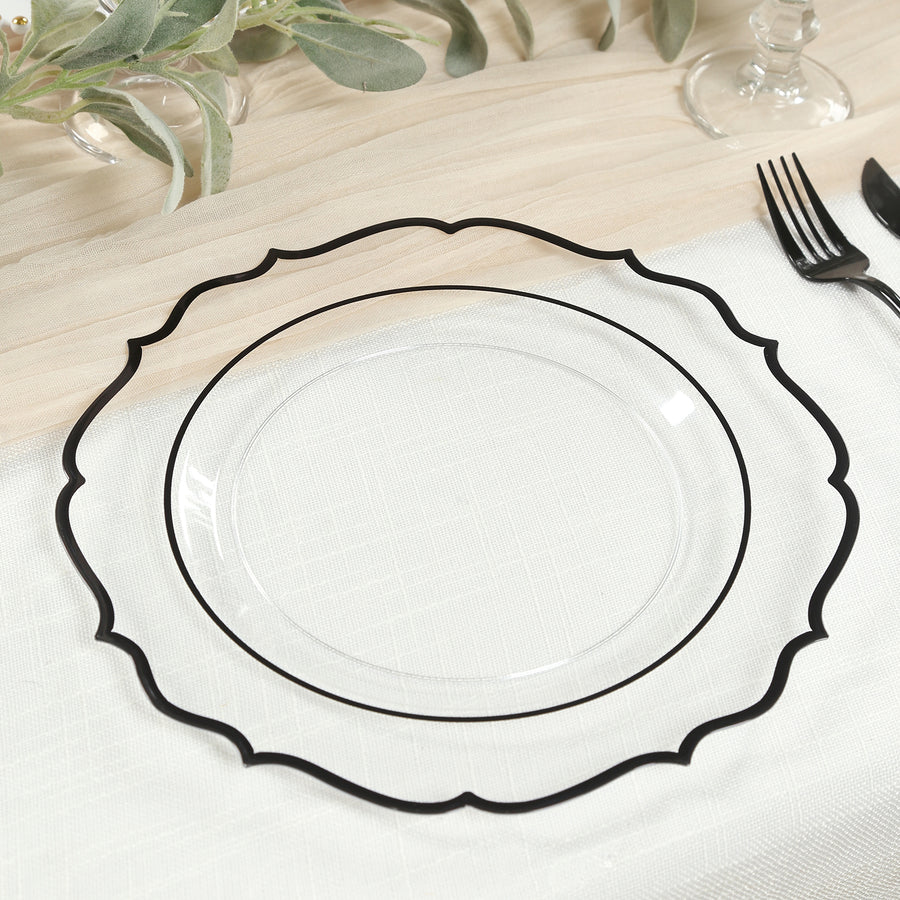 10-Pack Plastic Round Dinner Plates in Clear with Black Scalloped Rim - Disposable Party Plates