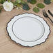 10-Pack Plastic 10" Round Dinner Plates in White with Black Scalloped Rim - Disposable Party Plates