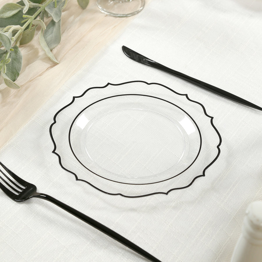 10-Pack Plastic 8inch Round Dessert Plates in Clear with Black Scalloped Rim