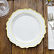 10 Pack 8inch White Plastic Dessert Salad Plates, Disposable Tableware Round With Gold Scalloped Rim