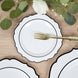 10-Pack Plastic 8inch Round Dessert Plates in White with Black Scalloped Rim - Disposable