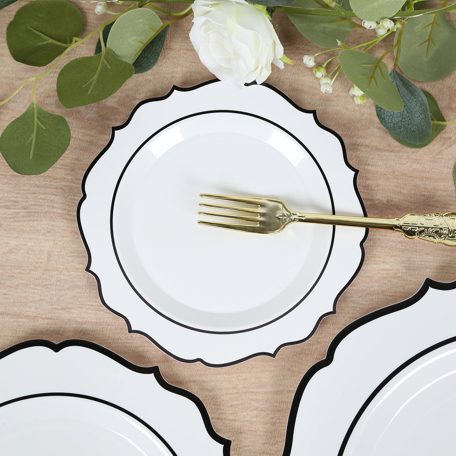 10-Pack Plastic 8inch Round Dessert Plates in White with Black Scalloped Rim - Disposable