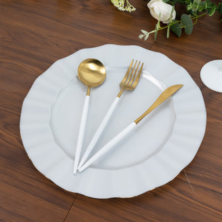 10-Pack Plastic 11inch Round Dinner Plates in Pearl White Ruffled Rim with Gold Edging