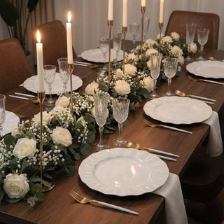10-Pack Plastic 11inch Round Dinner Plates in Pearl White Ruffled Rim with Gold Edging