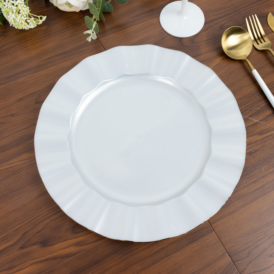 10-Pack Plastic 11inch Round Dinner Plates in Pearl White Ruffled Rim with Gold Edging