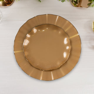 Brown scalloped plate on a light table setting.