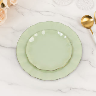 <strong>Disposable Sage Green Plastic Dessert Plates with Gold Ruffled Rim</strong> <strong>Disposable Sage Green Plastic Dessert Plates with Gold Ruffled Rim</strong>
