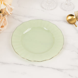 <strong>9" Elegant Sage Green Plastic Dinner Plates with Gold Ruffled Rim</strong> <strong>9" Elegant Sage Green Plastic Dinner Plates with Gold Ruffled Rim</strong>