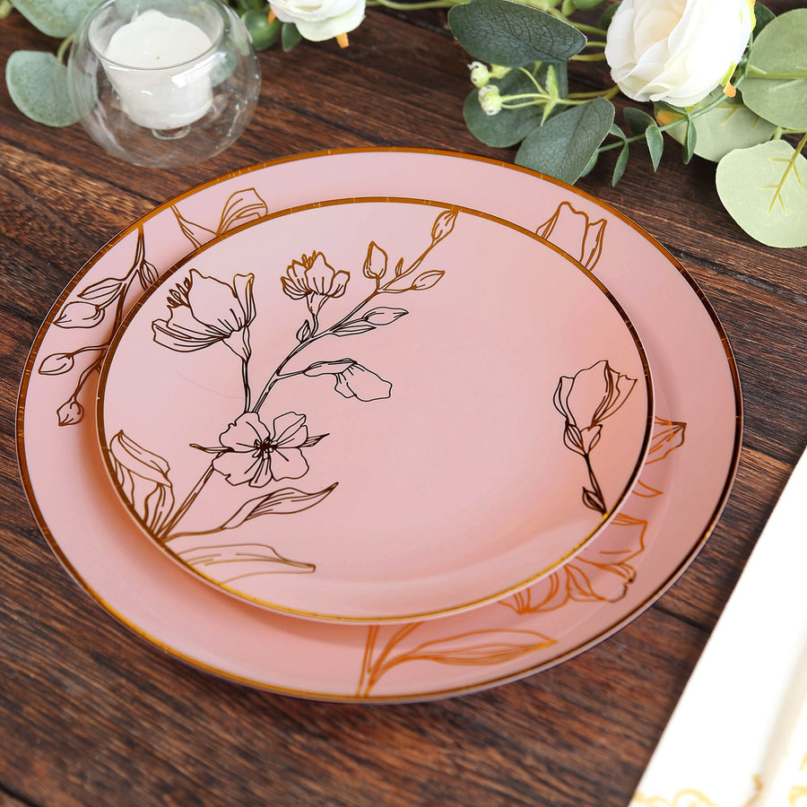 Set of 20 Dusty Rose Plastic Dinner Dessert Plates With Metallic Gold Floral
