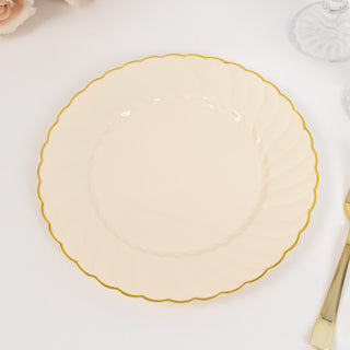 Elegant Ivory and Gold Flair Rim Disposable Dinner Plates Elegant Ivory and Gold Flair Rim Disposable Dinner Plates