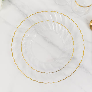 <span>Timeless Clear Gold Flair Rim Plastic Dessert Appetizer Plates</span> <span>Timeless Clear Gold Flair Rim Plastic Dessert Appetizer Plates</span>