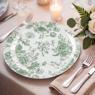 10-Pack French Toile Plastic Party Plates – Sage Green & White Floral, 10\" Round Dinner Plates
