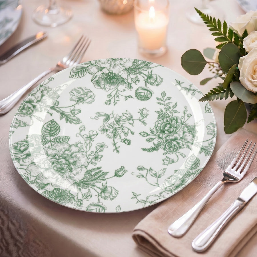 10-Pack French Toile Plastic Party Plates – Sage Green & White Floral, 10\" Round Dinner Plates