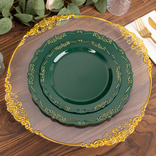 10 Pack | 7" Hunter Emerald Green With Gold Vintage Rim Disposable Salad Plates With Embossed Scalloped Edges