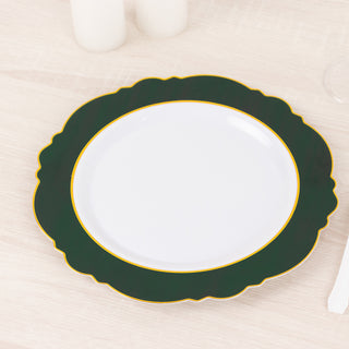 10 Pack | 10" Hunter Emerald Green / White Disposable Dinner Plates With Round Blossom Design, Plastic Party Plates With Gold Rim 10 Pack | 10" Hunter Emerald Green / White Disposable Dinner Plates With Round Blossom Design, Plastic Party Plates With Gold Rim