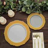 10 Pack | 8inch Gold / White Disposable Salad Appetizer Plates With Round Blossom Design