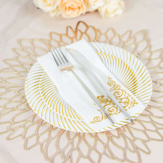 White / Gold Swirl Rim Disposable Salad Plates for All Occasions White / Gold Swirl Rim Disposable Salad Plates for All Occasions