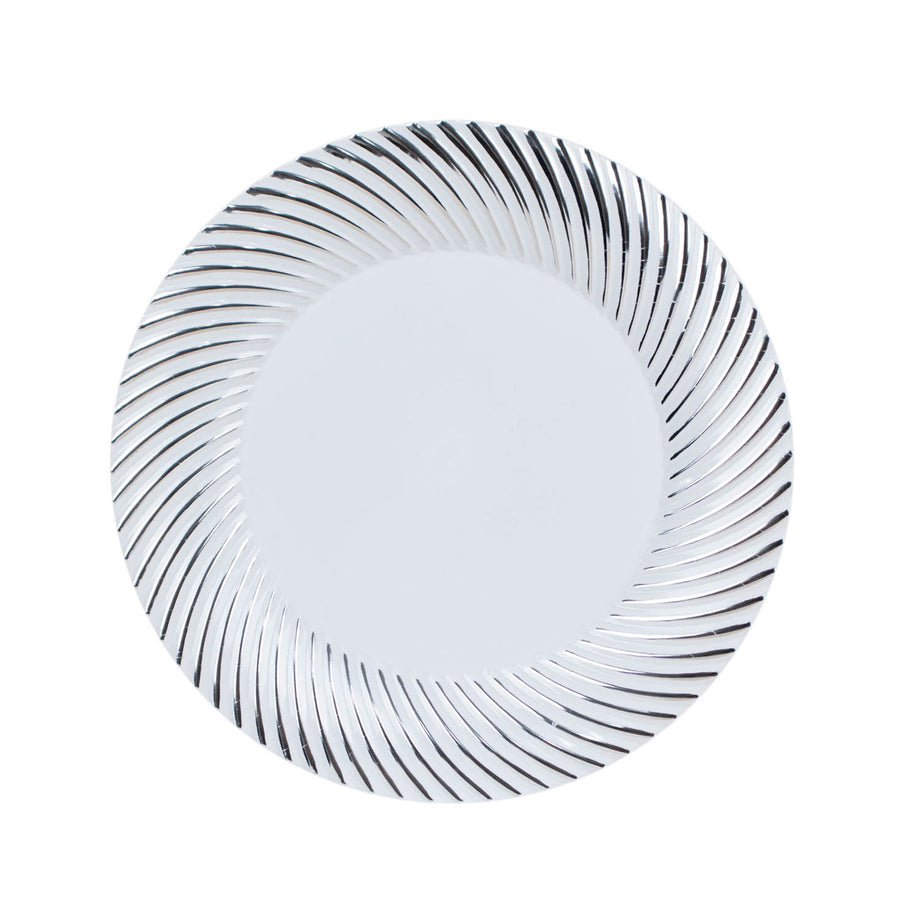 10 Pack | 7inch White / Silver Swirl Rim Disposable Salad Plates#whtbkgd
