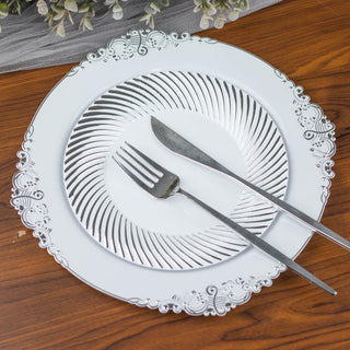 Convenient and Stylish White / Silver Swirl Rim Disposable Salad Plates
