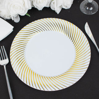 10 Pack | 9" White / Gold Swirl Rim Plastic Dinner Plates