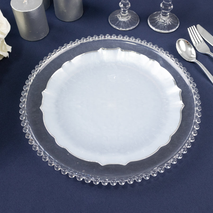 10-Pack Plastic 10inch Round Dinner Plates in Pearl White Sunflower with Silver Scalloped