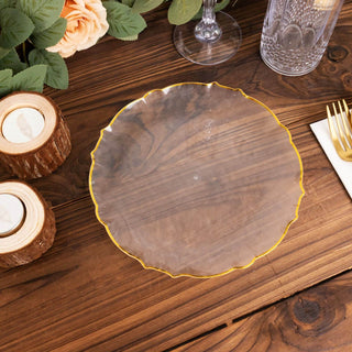 Elegant and Versatile: Clear Sunflower Disposable Salad Plates with Gold Scalloped Rim Elegant and Versatile: Clear Sunflower Disposable Salad Plates with Gold Scalloped Rim