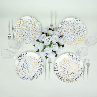 <strong>White Round Plastic Appetizer Plates with Gold Leaf Design - Perfect for Any Occasion</strong> <strong>White Round Plastic Appetizer Plates with Gold Leaf Design - Perfect for Any Occasion</strong>