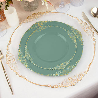 Elegant teal plates with gold accents on a stylish table setting.