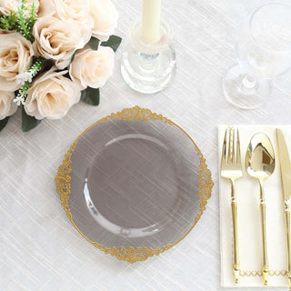 Elegant Transparent Black Disposable Salad Plates with Gold Leaf Embossed Baroque Rim Elegant Transparent Black Disposable Salad Plates with Gold Leaf Embossed Baroque Rim