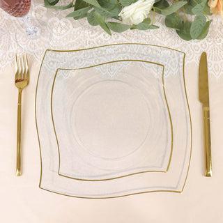 Elegant and Stylish 8" Clear / Gold Wavy Rim Modern Square Plastic Dessert Plates Elegant and Stylish 8" Clear / Gold Wavy Rim Modern Square Plastic Dessert Plates