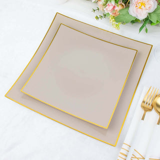 Chic and Elegant Taupe/Gold Square Plastic Dessert Plates Chic and Elegant Taupe/Gold Square Plastic Dessert Plates